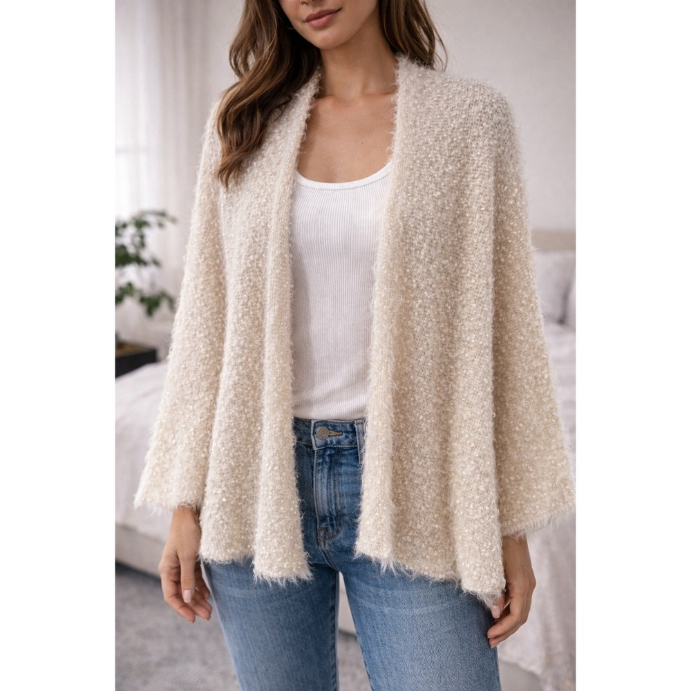 Sleeping on Snow Anthropologie Cream Eyelash Knit Open Front Cardigan Sweater
